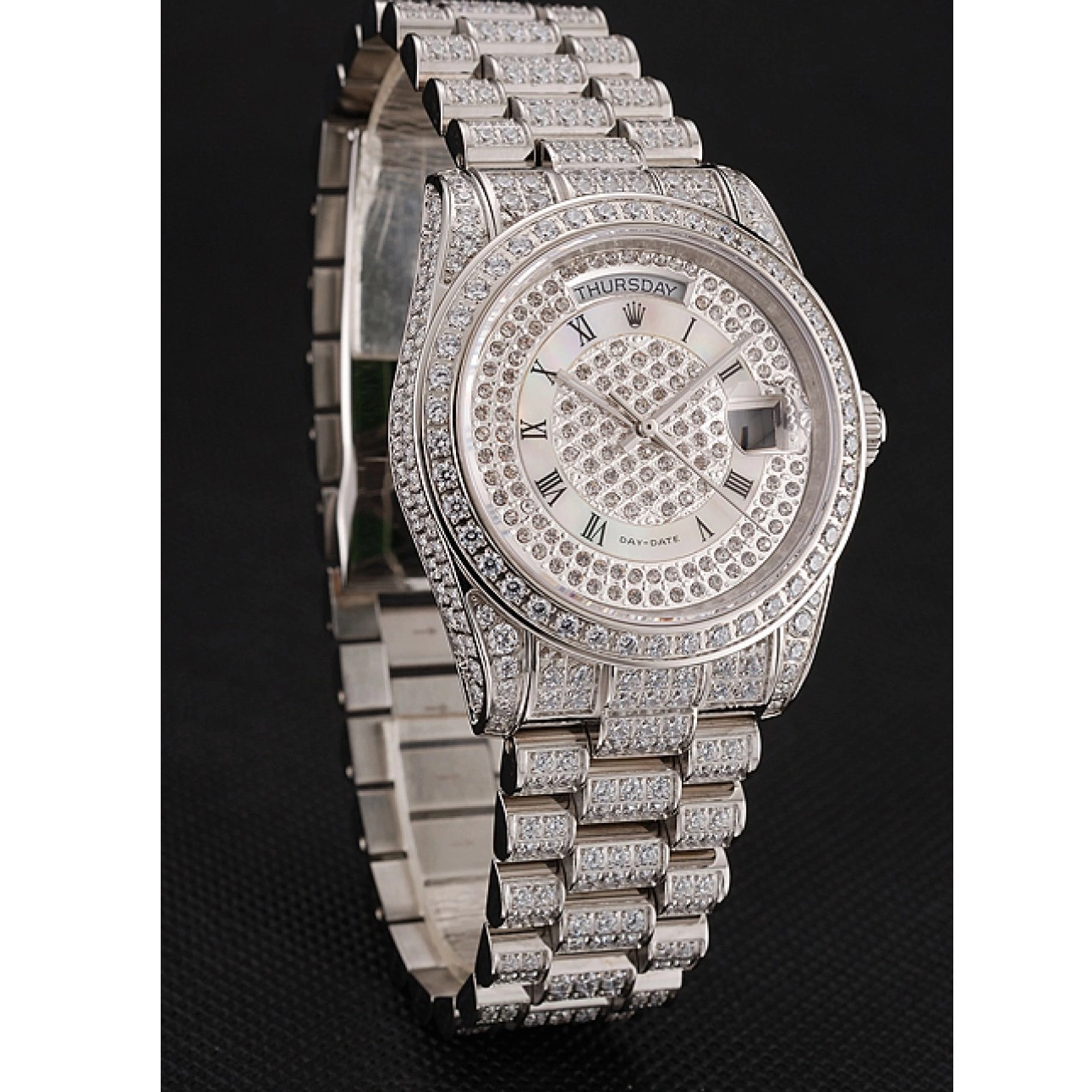 Aaa replica watch Pave Diamond Diamond Rolex Day-Date Diamond Swiss Dial Bracelet 1453950 Case 0615